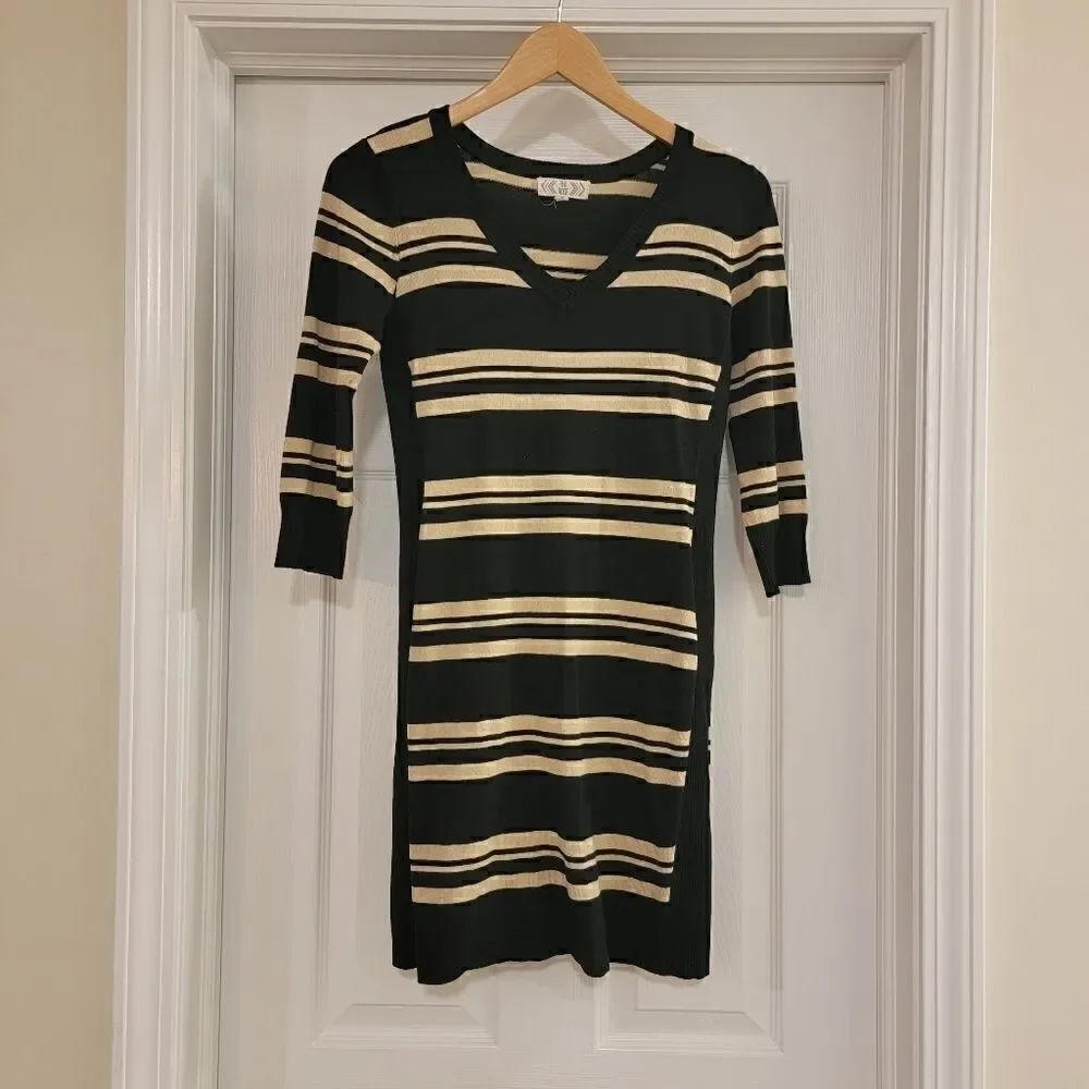 Pink Rose Medium Black tan striped 3/4 sleeve sweater dress size medium